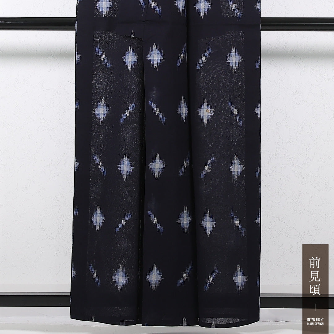 夏物 洗える着物 麻の紬 身丈158cm 裄丈63cm 麻 Bランク カジュアル バチ衿 Sサイズ 十字絣 紺系 RP 1223-17386
