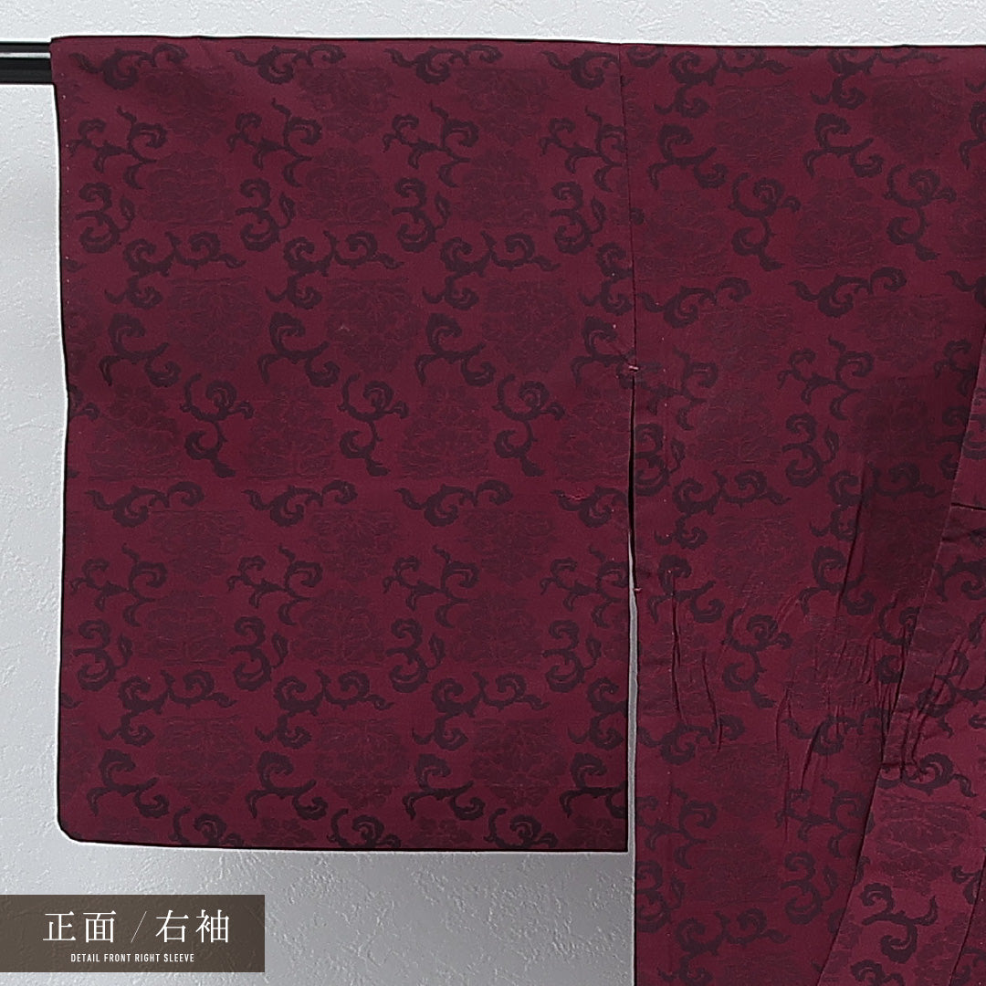 アンティーク お召 単衣 身丈154cm 裄丈67cm 正絹 Cランク バチ衿 XSサイズ ケイトウ 赤系 RP 1222-17262