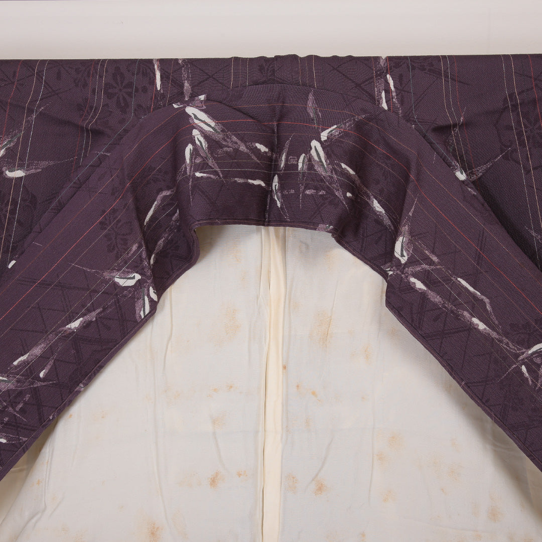 アンティーク 小紋 袷 身丈149cm 裄丈61cm 正絹 Bランク XSサイズ 広衿 笹 紫系 1215-02092