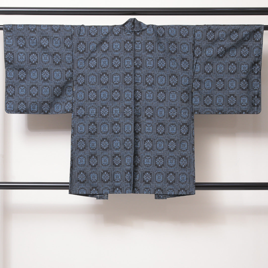 紬(村山大島紬) アンサンブル 袷 身丈162cm 裄丈62cm 正絹 Sランク Lサイズ 広衿 インフォーマル 創作柄 証紙 しつけ糸 紺系 1216-03529
