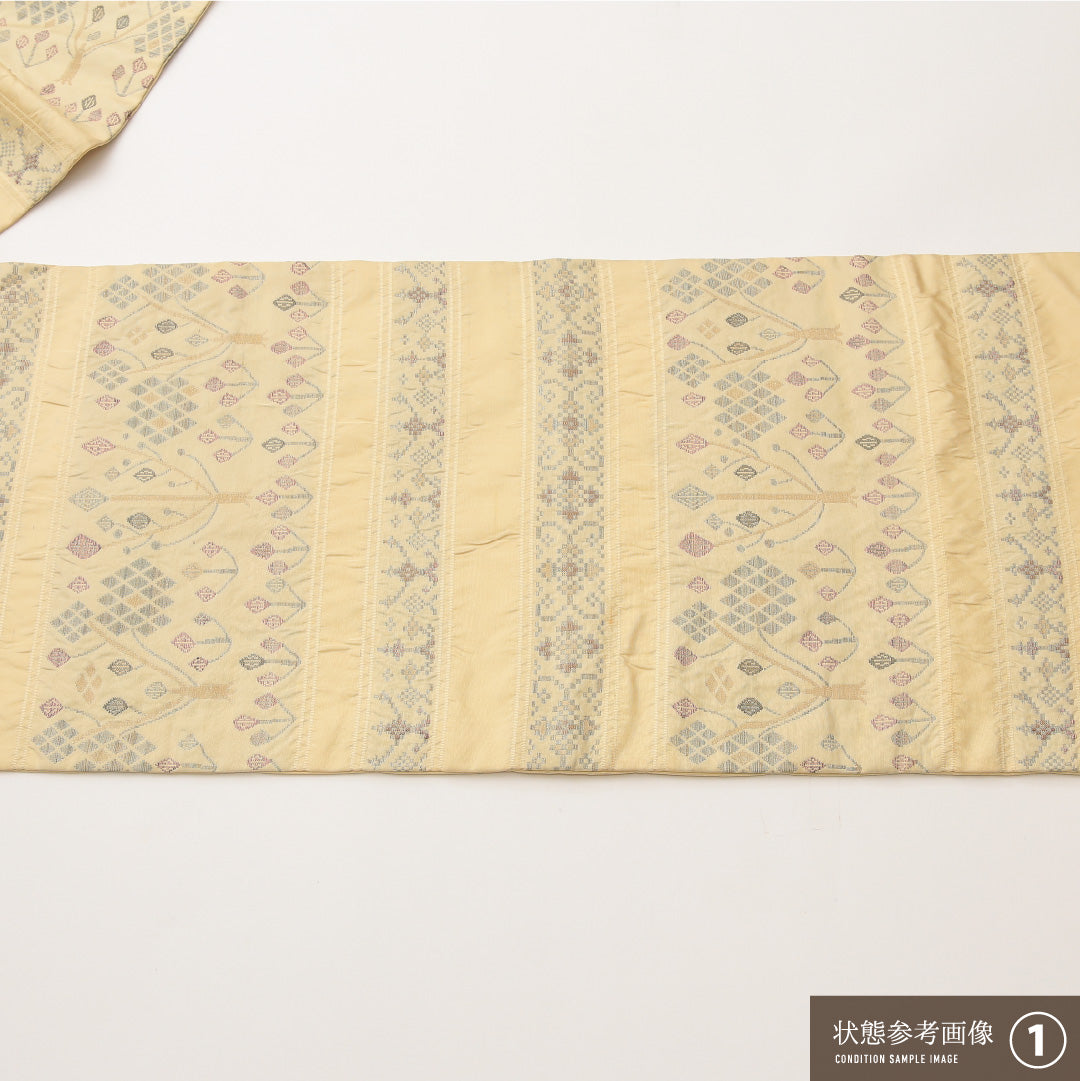九寸名古屋帯 帯丈356cm 正絹 六通 名古屋仕立て 織り カジュアル 幾何学柄 クリーム系 RP 1245-02012