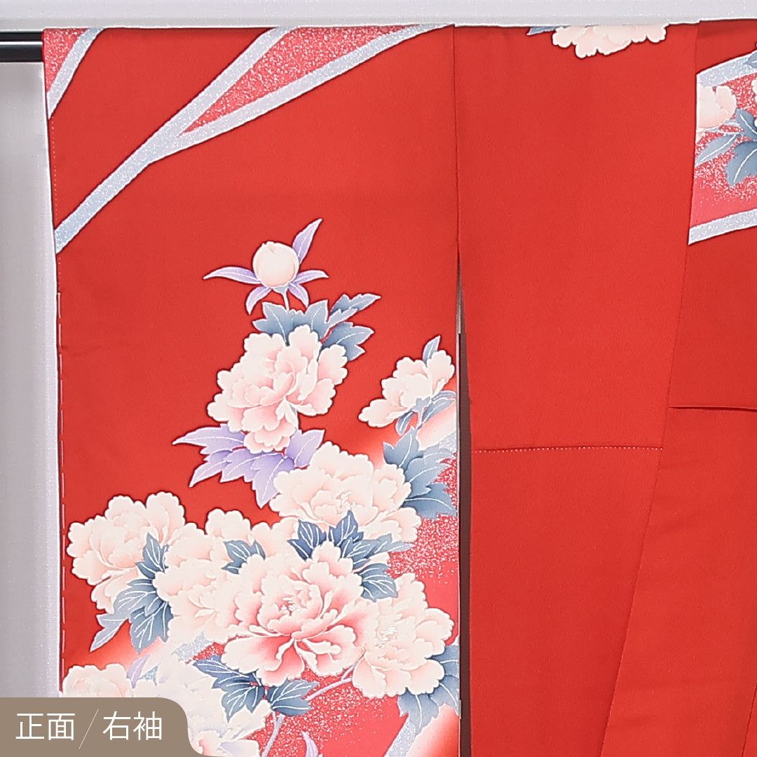 振袖 袷 身丈163cm 裄丈66cm 正絹 Aランク フォーマル 広衿 Lサイズ 牡丹 赤系 RP 1215-06716