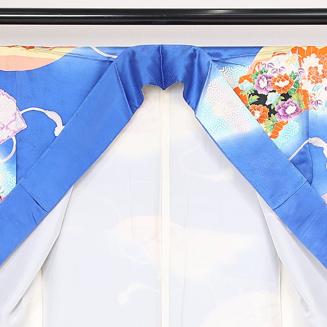 振袖 袷 身丈162cm 裄丈66cm 正絹 Cランク フォーマル 広衿 Lサイズ 扇面文 吉祥文様 青系 RP 1215-06785