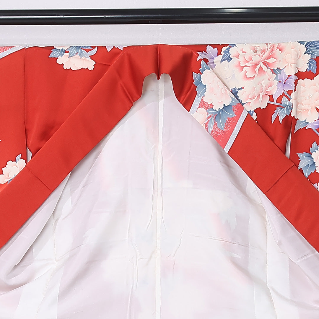 振袖 袷 身丈163cm 裄丈66cm 正絹 Aランク フォーマル 広衿 Lサイズ 牡丹 赤系 RP 1215-06716