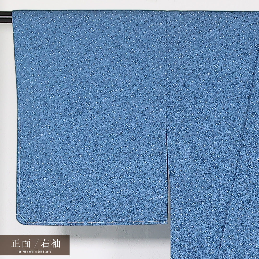 未使用品 洗える着物 小紋 単衣 身丈153cm 裄丈62cm ポリエステル Sランク インフォーマル バチ衿 Sサイズ しつけ糸 植物柄 青系 RP 1221-17414