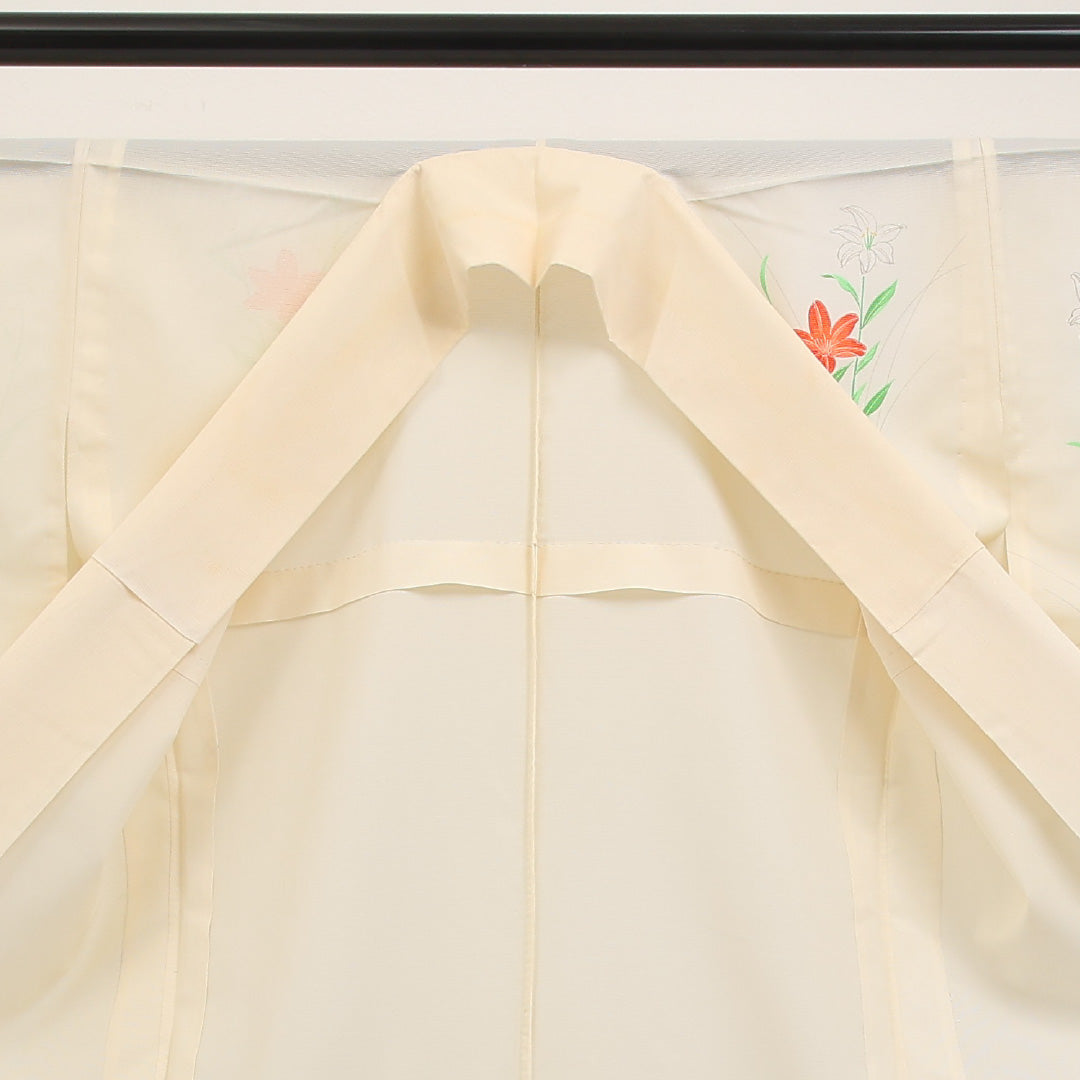 夏物 付下げ 絽 身丈156cm 裄丈66cm 正絹 Cランク インフォーマル 広衿 Lサイズ 百合 クリーム系 LP 1218-17326