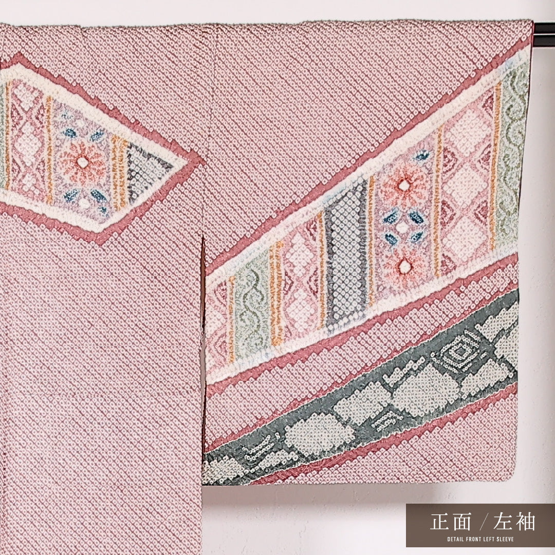訪問着 (総絞り) 袷 身丈163cm 裄丈64cm 正絹 Aランク セミフォーマル 広衿 Lサイズ 裂取り ピンク系 RP 1217-17517