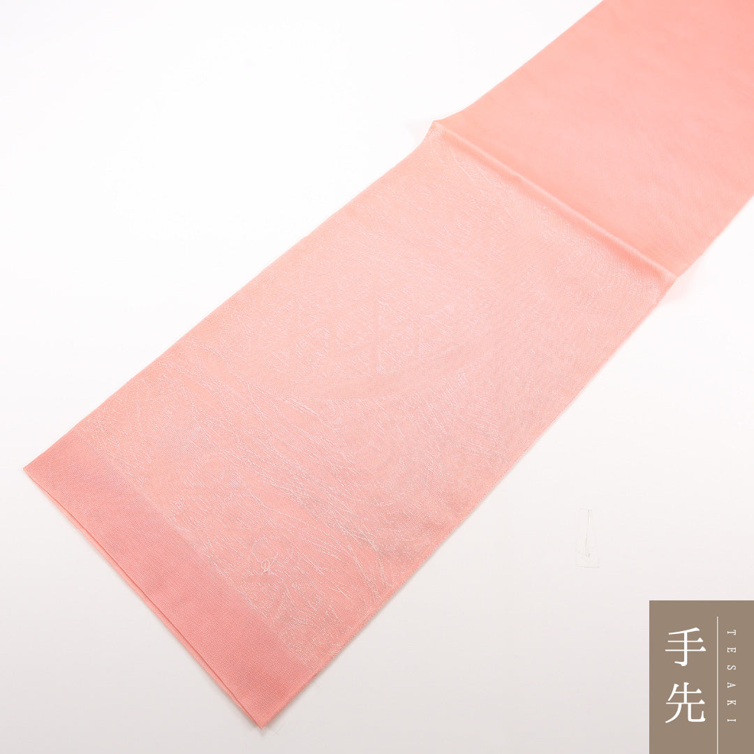 夏物 本袋帯 帯丈444cm 正絹 六通 証紙番号56 洛陽織物(旧滋賀辰) セミフォーマル 光悦垣 流水 証紙 ピンク系 1243-02468