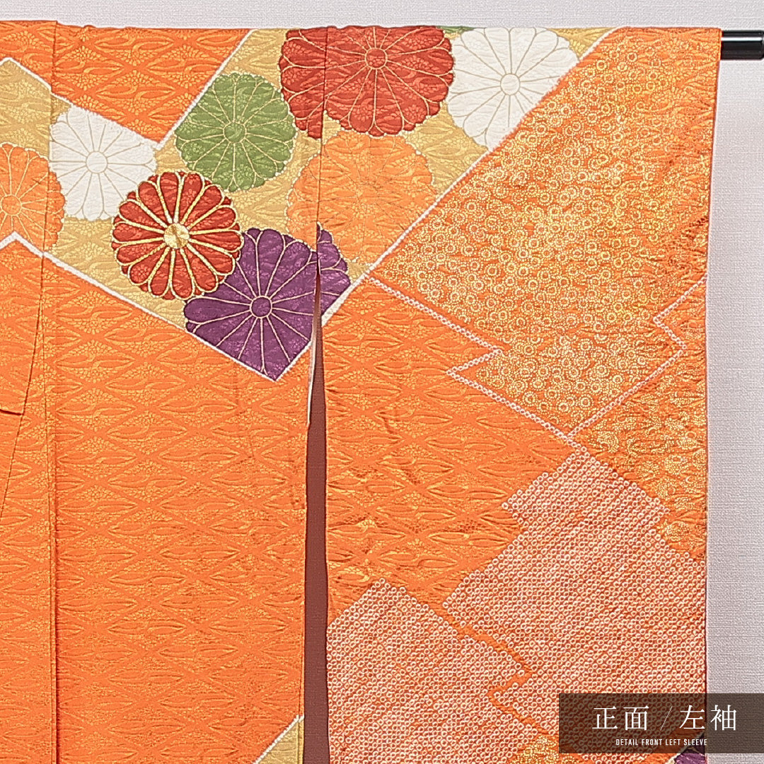 振袖 袷 身丈168cm 裄丈66cm 正絹 Sランク フォーマル 広衿 XLサイズ 金駒刺繍 菊 朱系 RP 1215-07010