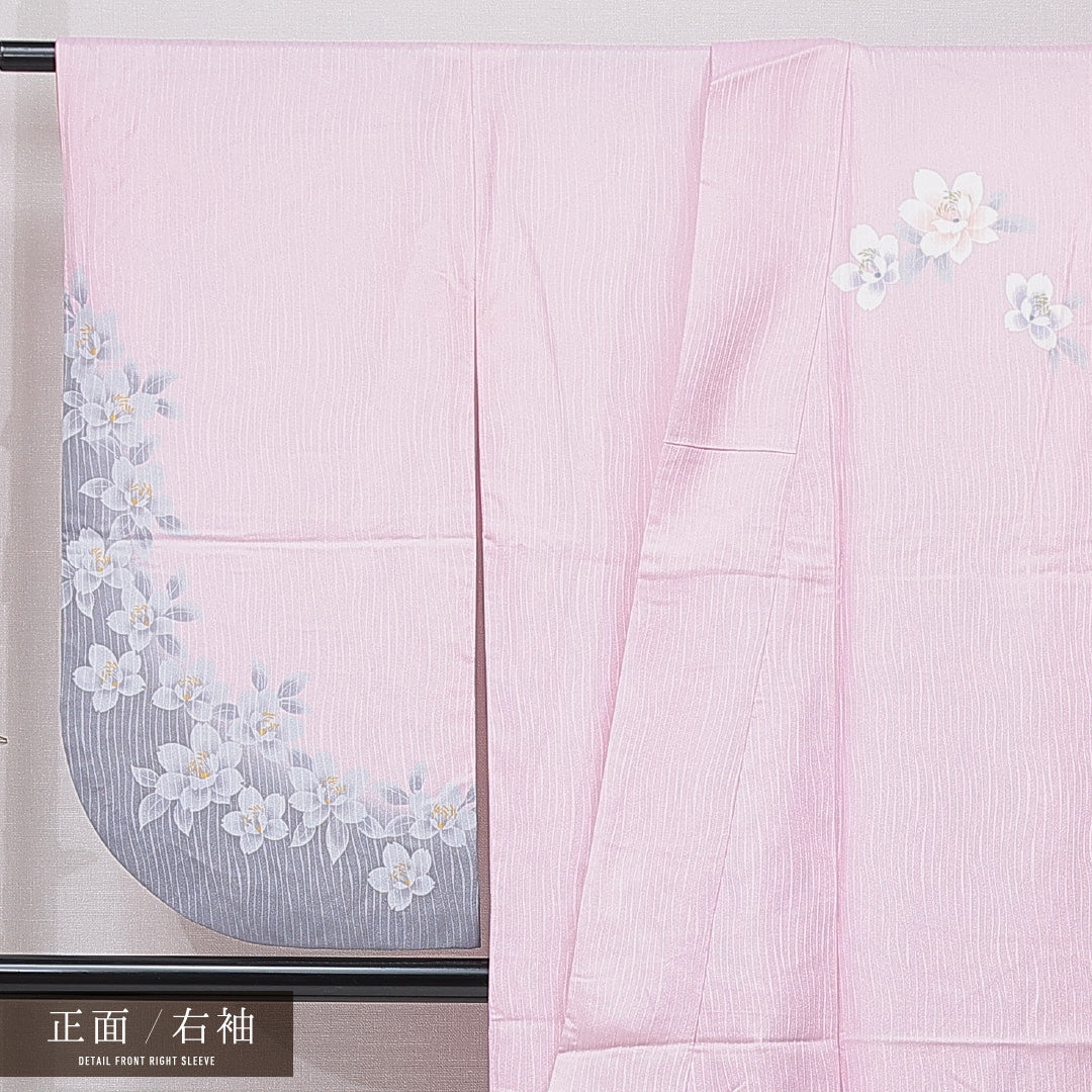 洗える着物 小振袖 袷 身丈168cm 裄丈66cm ポリエステル Sランク セミフォーマル 広衿 XLサイズ 椿 ピンク系 RP 1216-07063