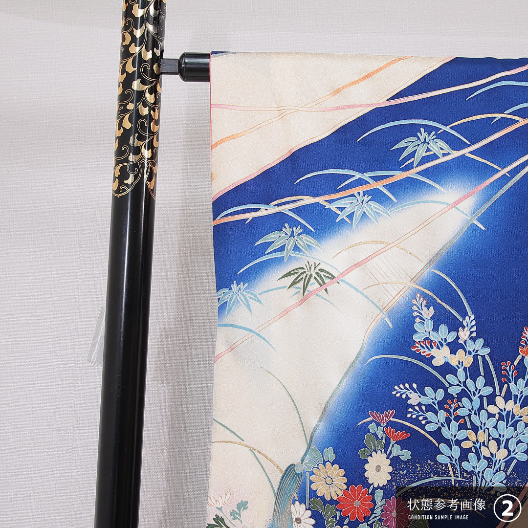 振袖 袷 身丈158cm 裄丈63cm 正絹 Aランク フォーマル 広衿 Mサイズ 金駒刺繍 扇面文 鶴 牡丹 青系 RP 1215-06995