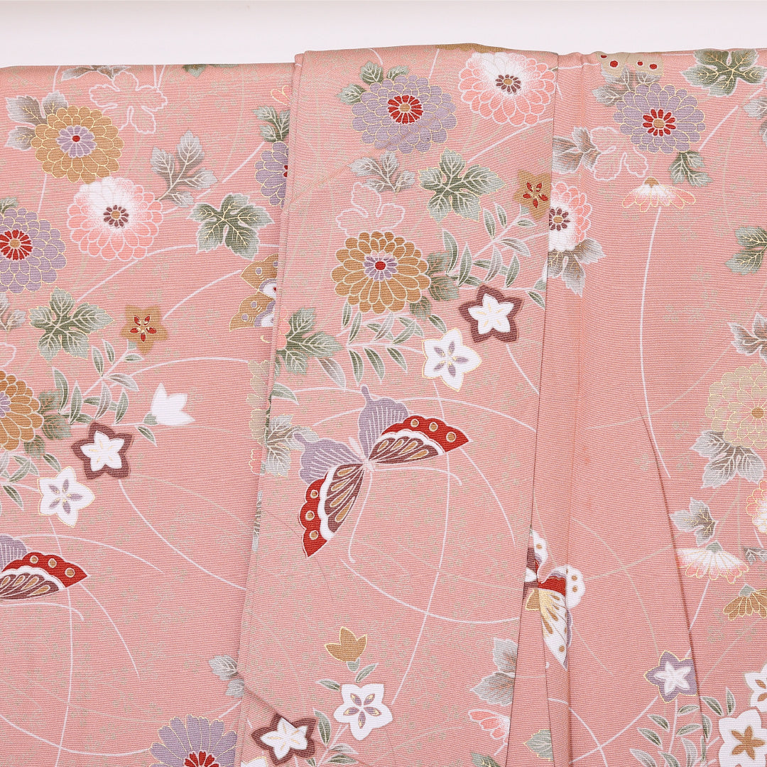 小紋 袷 身丈161cm 裄64cm ピンク系 菊 桔梗や蝶 金彩 正絹 Aランク 1215-01948-3413