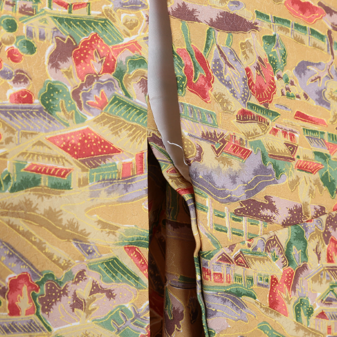 小紋 洗える着物 袷 身丈161cm 裄丈64cm ポリエステル Aランク Lサイズ 広衿 インフォーマル 茶屋辻 黄系 1215-01596