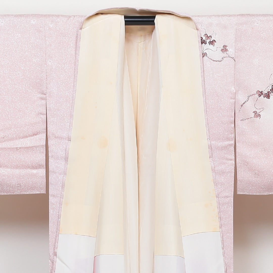 訪問着 袷 身丈162cm 裄丈64cm 正絹 Aランク 紋意匠 (紅葉) セミフォーマル 広衿 Lサイズ 刺繍 葡萄 ピンク系 PO 1217-04242
