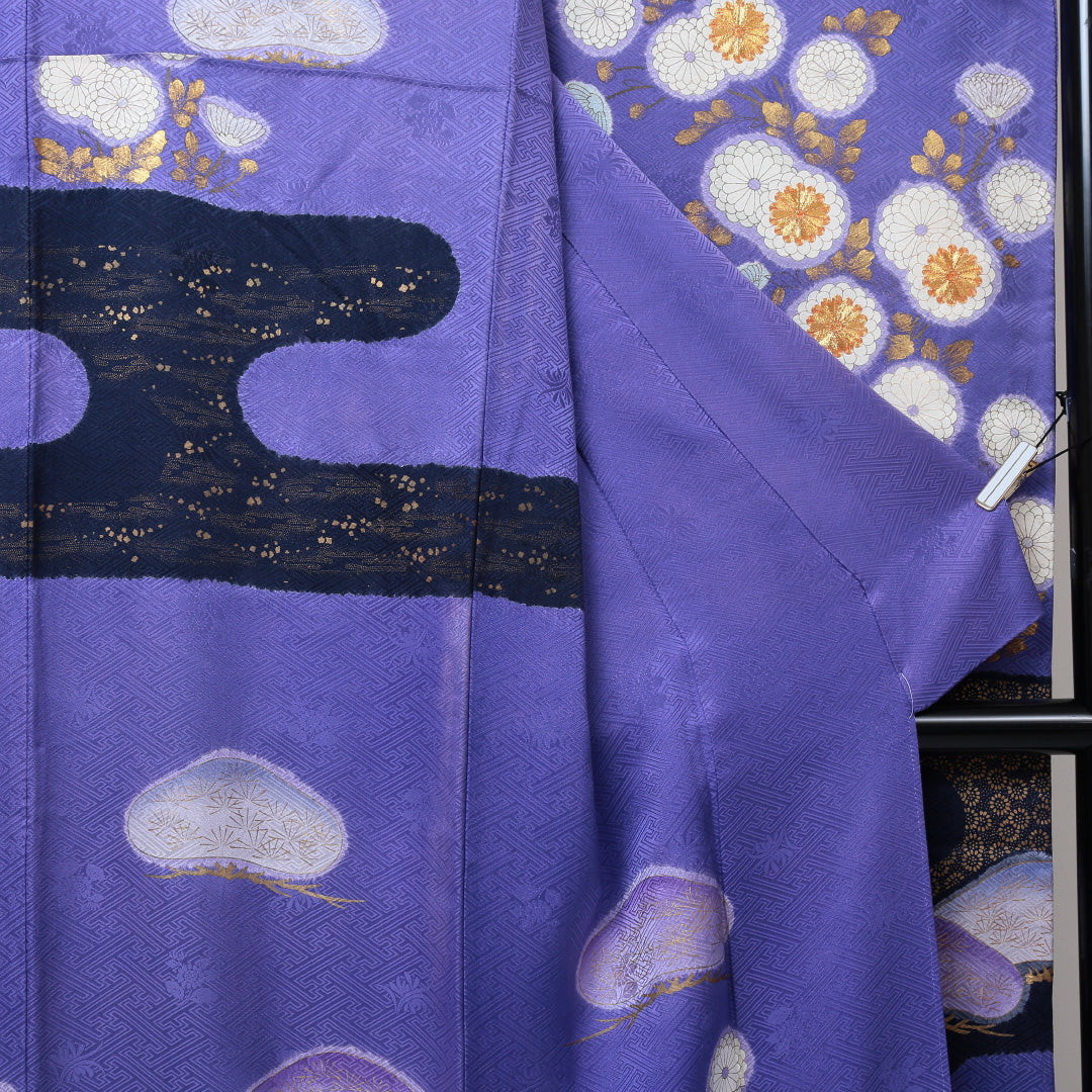 振袖 身丈171cm 裄丈70.5cm Bランク 袷 正絹 広衿 エ霞 金彩 金駒刺繍 松 1213-F0046