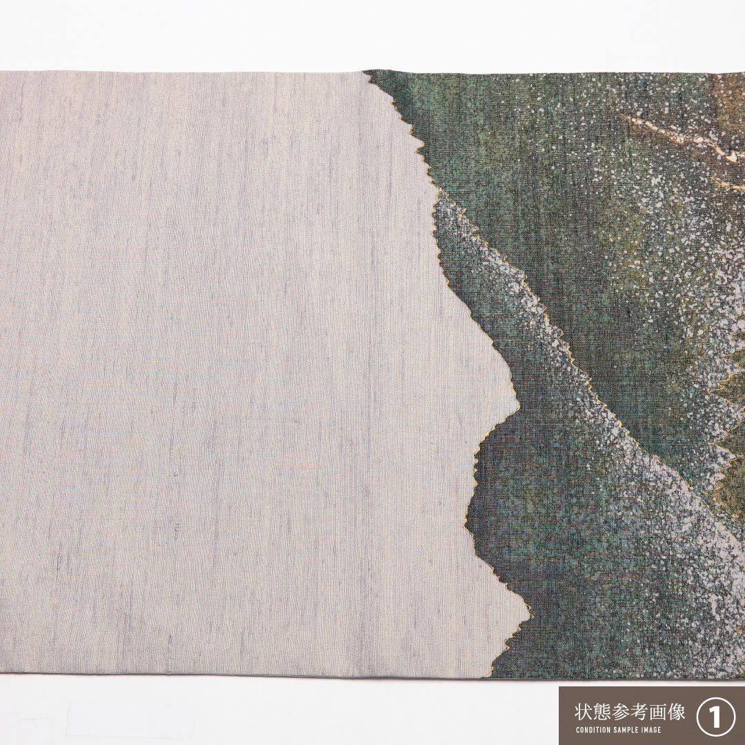 袋帯 帯丈404cm 正絹 全通 セミフォーマル 奥の細道「最上川」 浮世絵 遠山 船 作家物 落款 グレー系 1243-01453