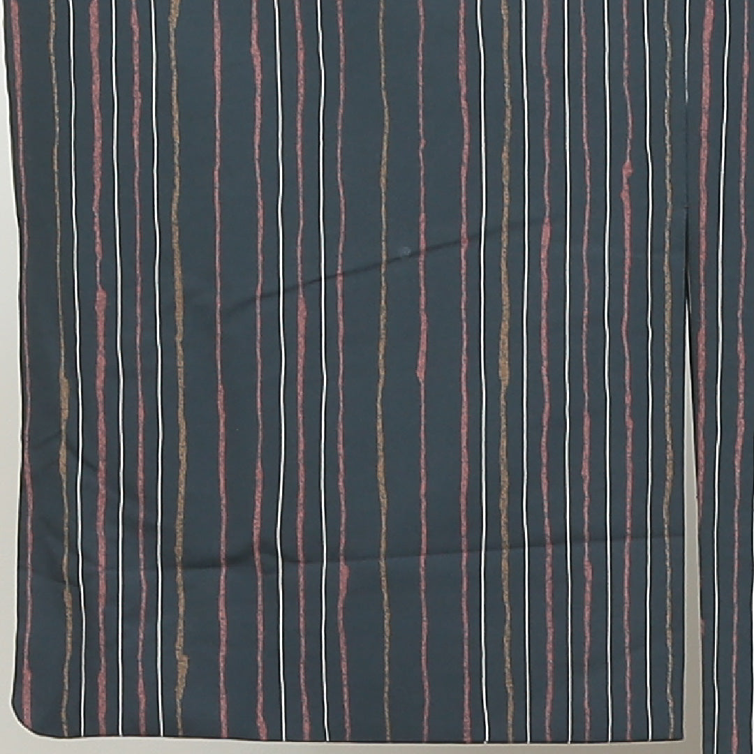 小紋 洗える着物 袷 身丈156cm 裄丈67cm ポリエステル Bランク Mサイズ 広衿 インフォーマル よろけ縞 紺系 緑系 1215-00971