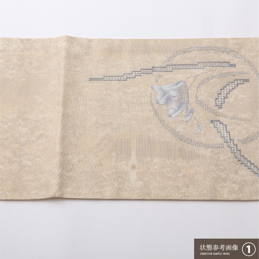 夏物 名古屋帯 六通 帯丈356cm カジュアル Bランク 正絹 紗 綴れ織 花柄 クリーム系 1224-02427