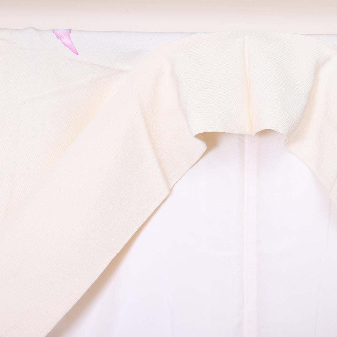 訪問着 袷 身丈161cm 裄丈62cm 正絹 Cランク Lサイズ 広衿 セミフォーマル 牡丹 金駒刺繍 クリーム系 1212-04478