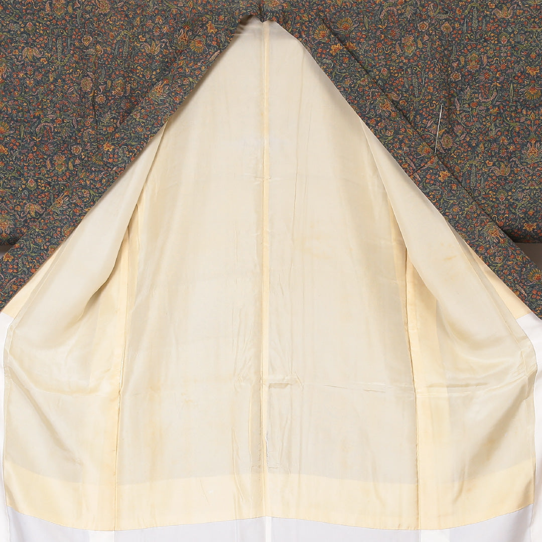 小紋 袷 身丈155cm 裄丈63cm 正絹 Aランク インフォーマル バチ衿 Mサイズ 更紗 緑系 HP 1221-01878