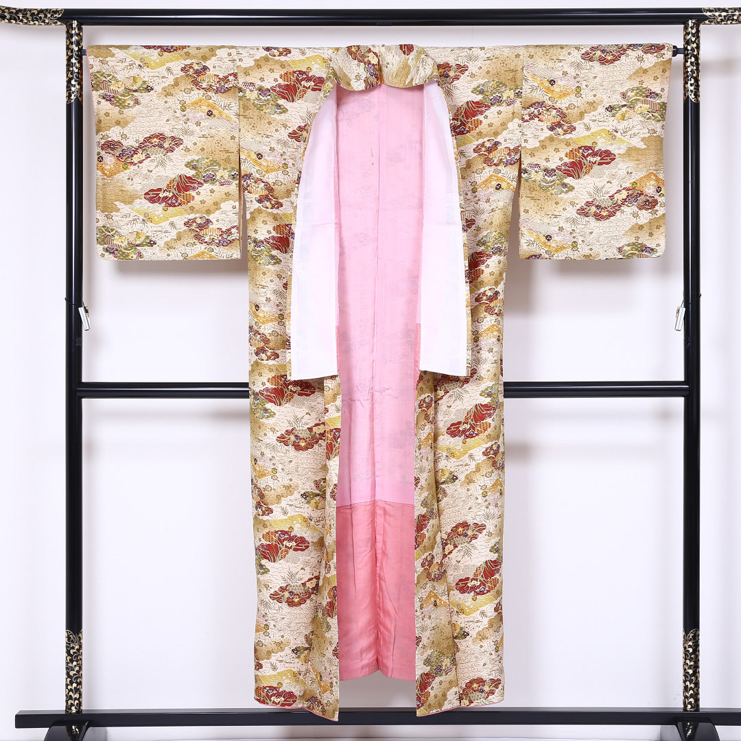 小紋 袷 身丈147cm 裄丈66cm 正絹 Aランク インフォーマル 広衿 XSサイズ 古典柄 黄系 HP 1221-01815