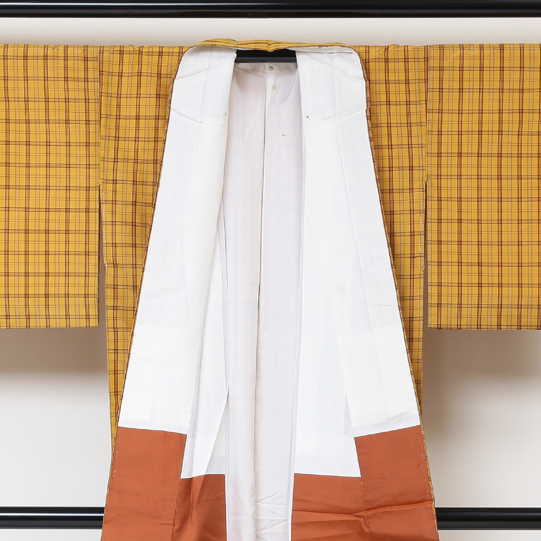 紬 袷 身丈161cm 裄丈63cm 正絹 黄八丈風 Bランク Lサイズ 広衿 カジュアル 格子 黄系 1216-03017