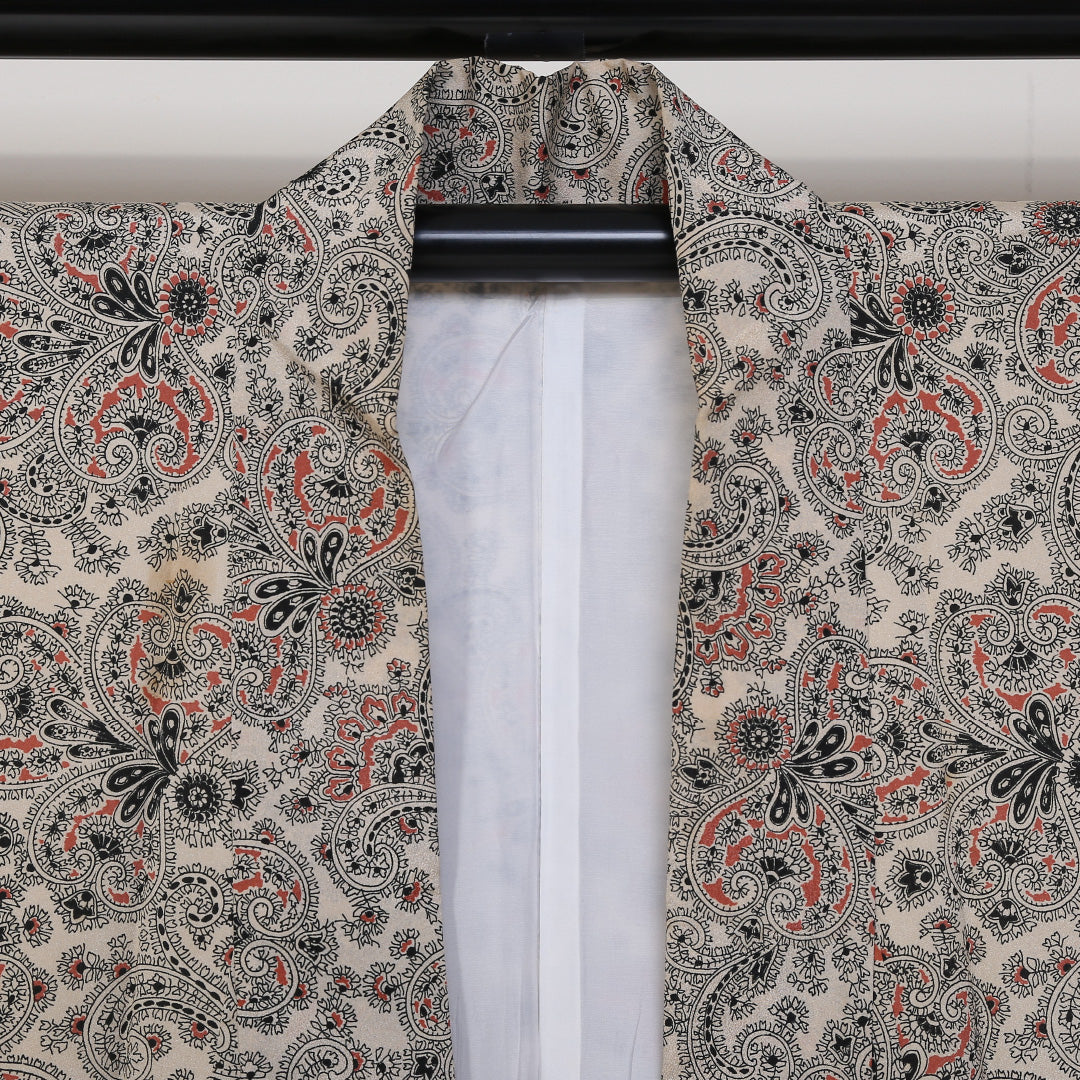 小紋 袷 身丈150cm 裄62.5cm 白系 モダン ボタニカル 正絹 Cランク 1215-01673-5211