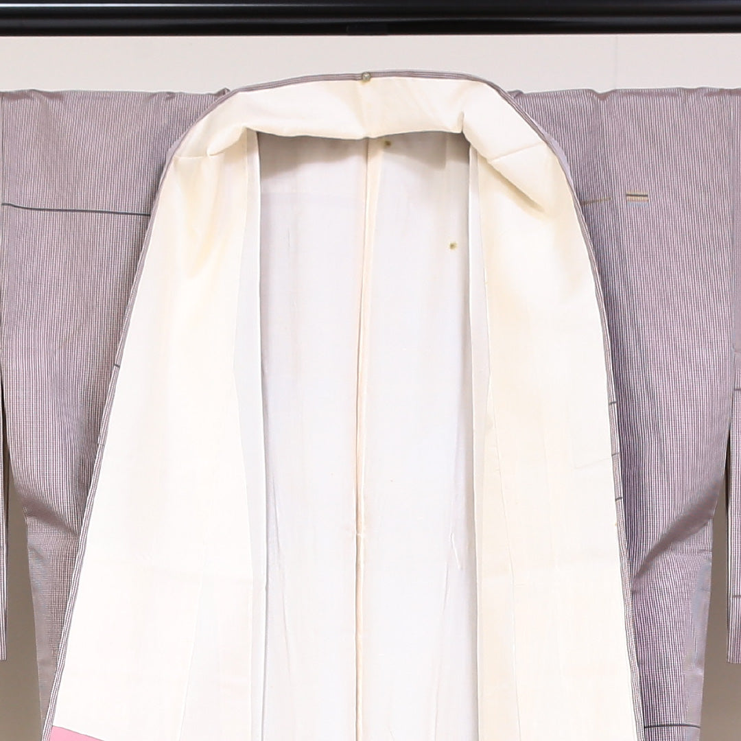 紬 袷 身丈152cm 裄丈65cm 正絹 Bランク Sサイズ 広衿 カジュアル 創作柄 紫系 1216-03176