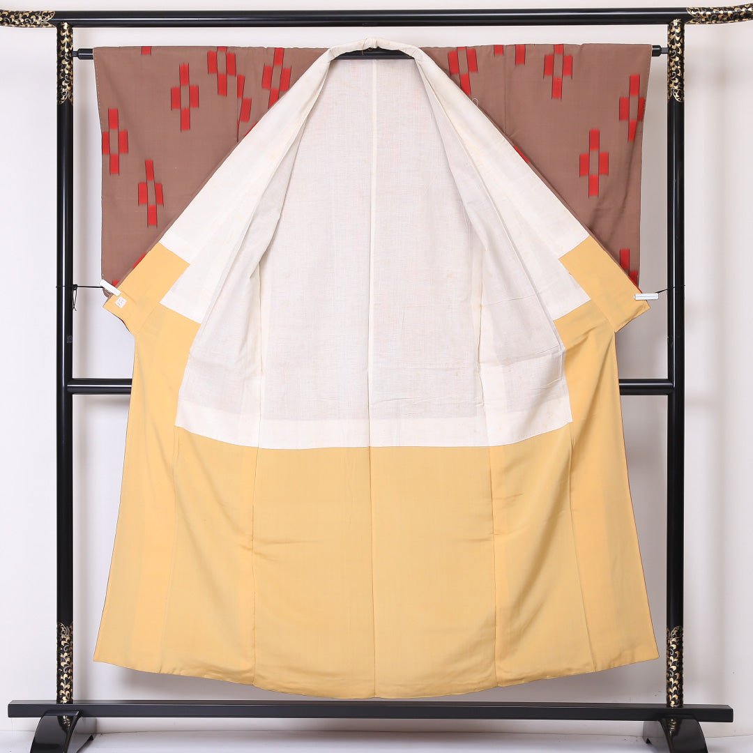 アンティーク 小紋 袷 身丈152cm 裄丈64cm 正絹 Bランク 広衿 Sサイズ 絣柄 茶系 RP 1221-01974
