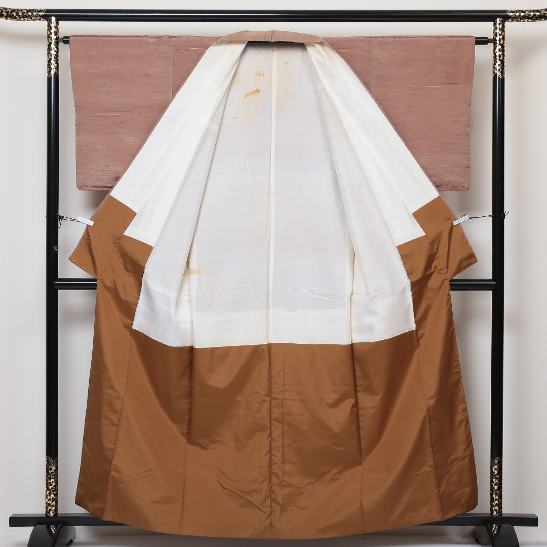 牛首紬 袷 身丈161cm 裄丈62cm 正絹 Cランク インフォーマル 広衿 Lサイズ 創作柄 ピンク系 LP 1223-02975