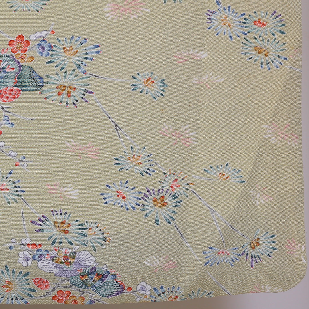 小紋 袷 身丈166cm 裄丈66cm 正絹 Aランク XLサイズ 広衿 インフォーマル ちりめん 梅 松 緑系 茶系 1215-01805