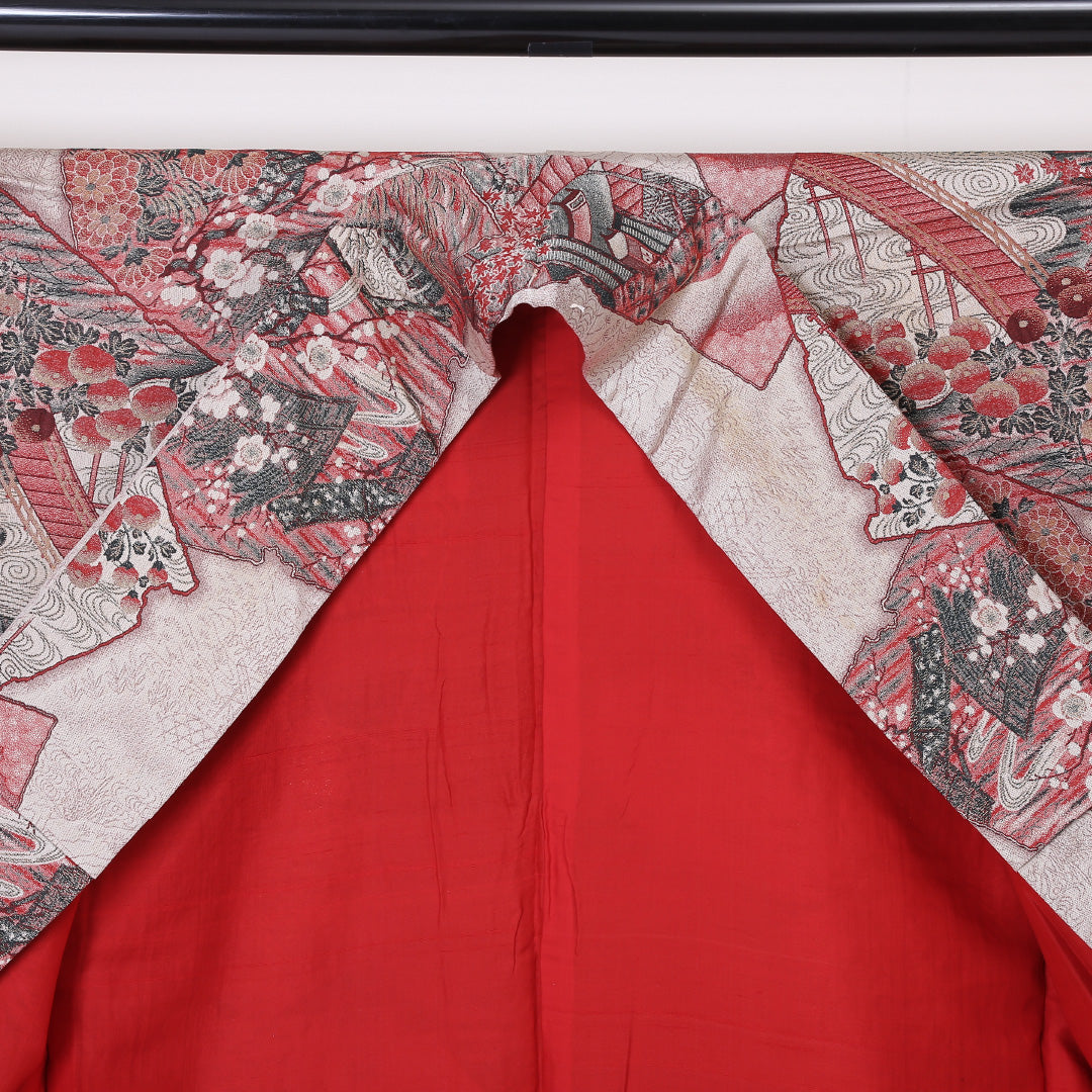 アンティーク お召 袷 身丈154cm 裄丈65cm 正絹 Dランク 広衿 Sサイズ 金彩 吉祥文様 クリーム系 RP 1222-03320