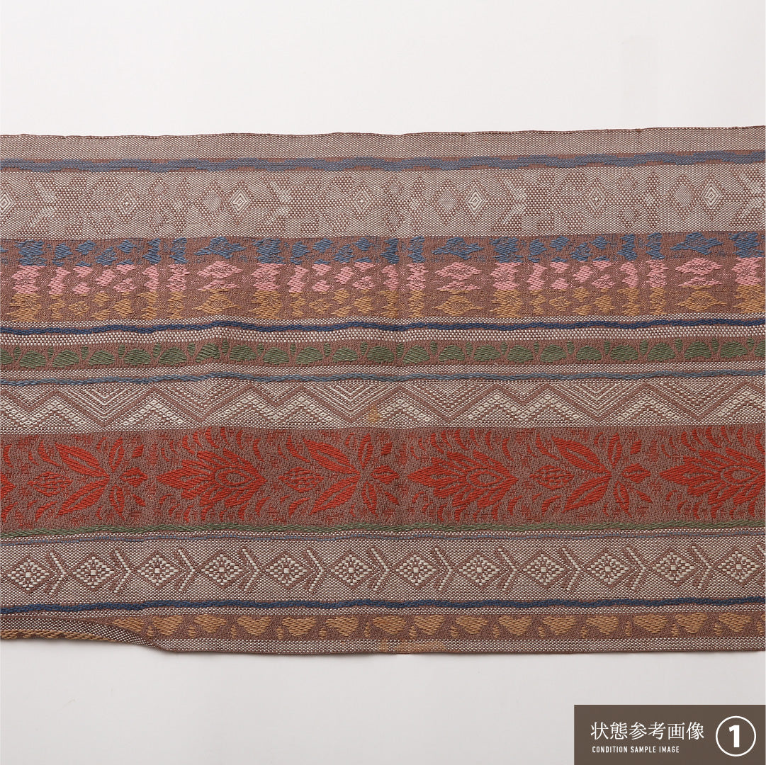 八寸名古屋帯 Aランク 帯丈344cm 正絹 全通 開き仕立て 織り カジュアル 紬 間道 多色系 RP 1245-02413
