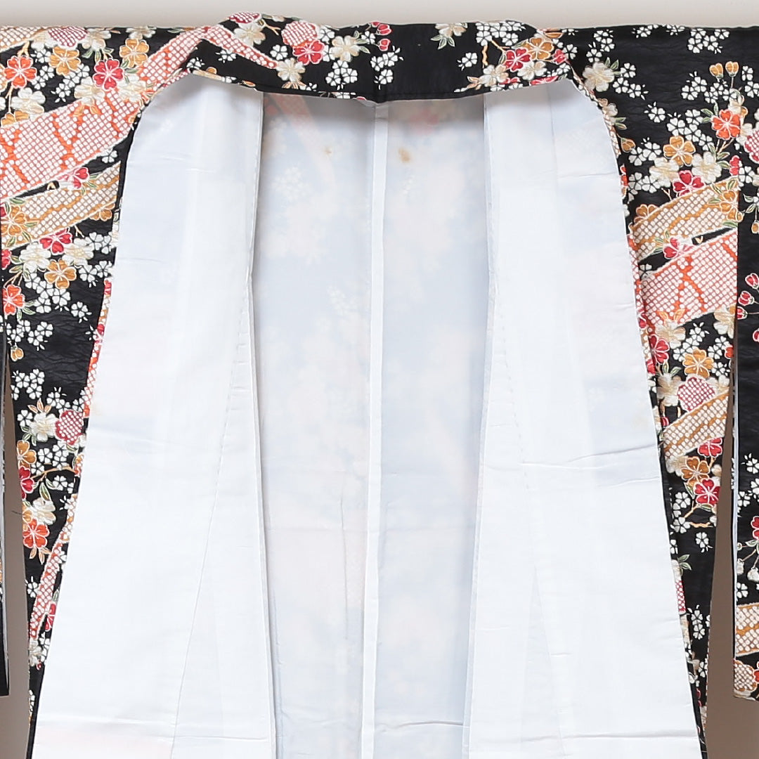 小紋 洗える着物 袷 身丈159cm 裄丈62cm ポリエステル Aランク Mサイズ 広衿 インフォーマル 古典柄 花柄 黒系 ピンク系 1215-01407