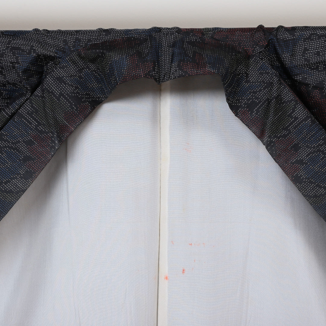大島紬 袷 身丈156cm 裄丈64cm 正絹 Sランク インフォーマル 広衿 Mサイズ 緯総絣 花柄 植物柄 紺系 RP 1223-03013
