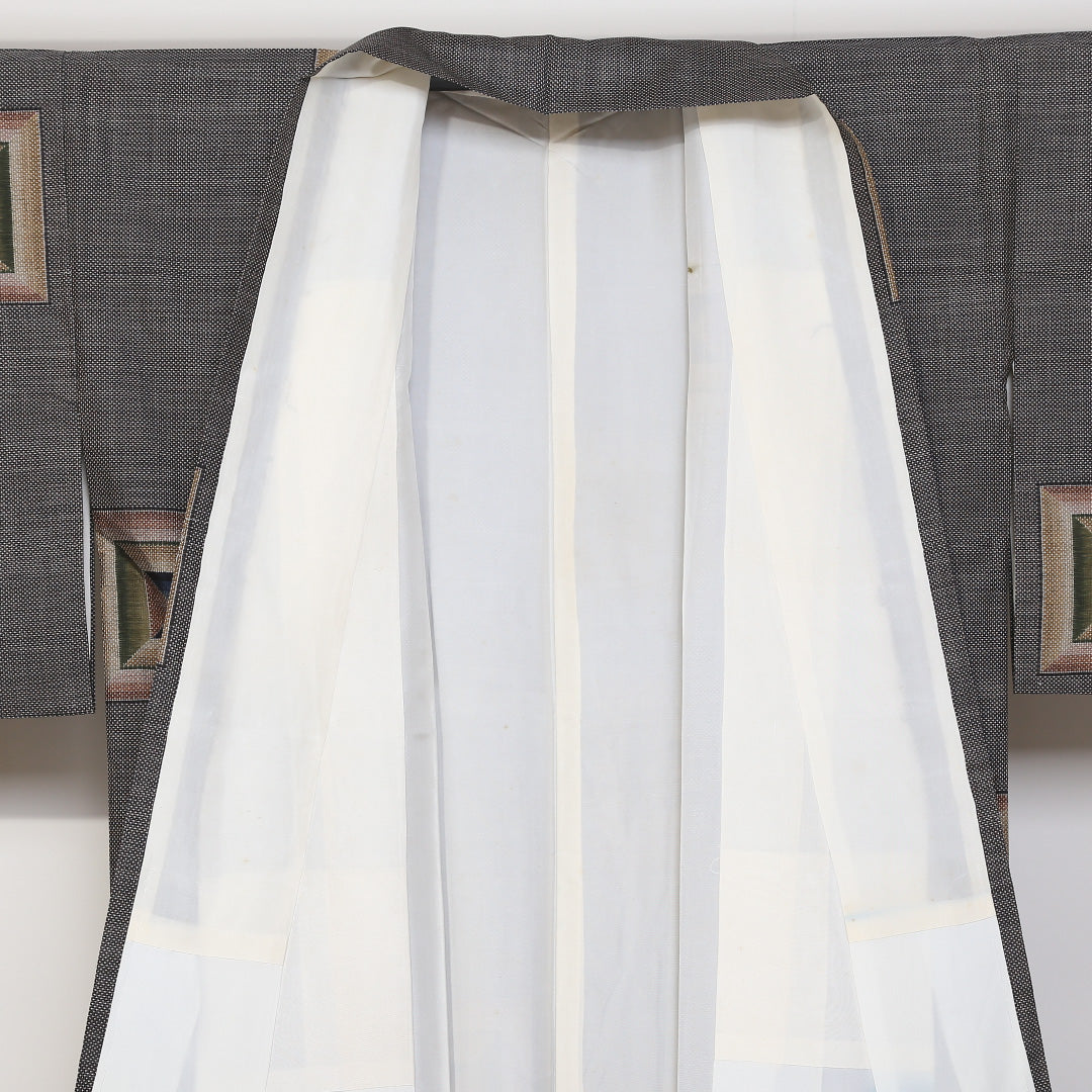 大島紬 袷 身丈161cm 裄丈65cm 正絹 Sランク インフォーマル 広衿 Lサイズ 経緯絣 創作柄 グレー系 RP 1223-03137