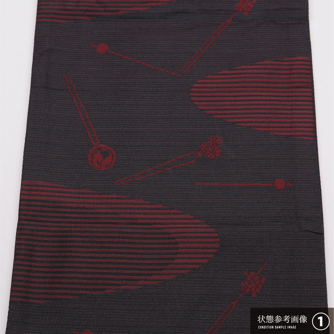 夏物 名古屋帯 帯丈364cm Aランク 開き仕立て 全通 ポリエステル 簪 カジュアル 黒系 1224-01904