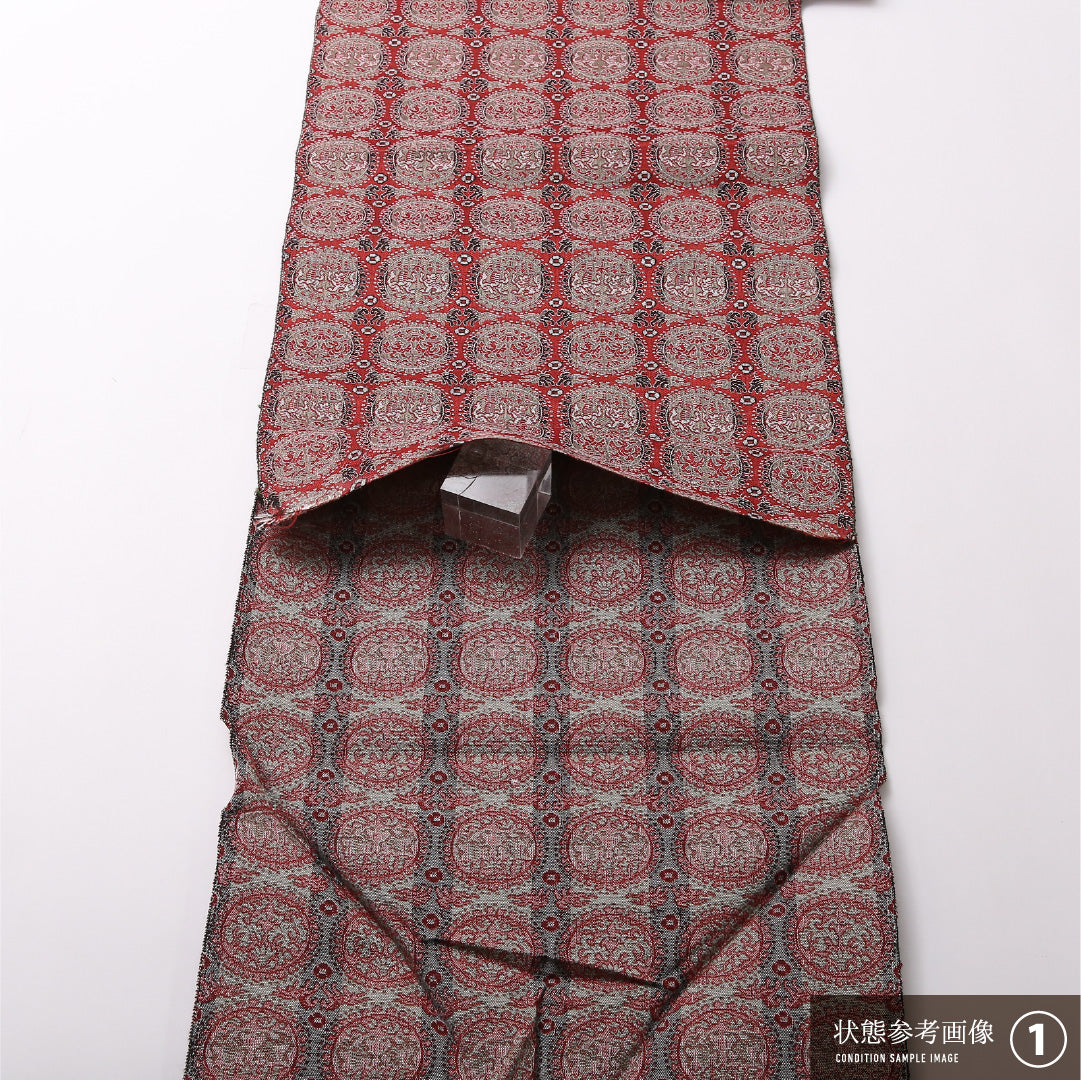 八寸名古屋帯 Sランク 帯丈329cm 正絹 全通 松葉仕立て 織り セミフォーマル 双鳥唐花文 名物裂 樹下双獣文 連珠文 赤系 RP 1245-03123