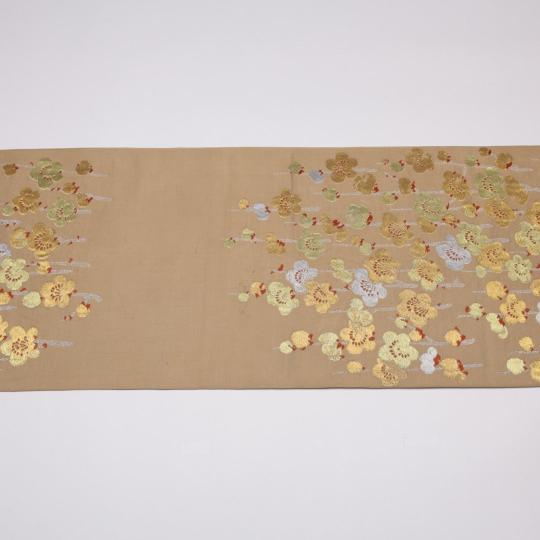 アンティーク 袋帯 帯丈392cm 六通 金銀糸 梅 セミフォーマル ベージュ系 正絹 Cランク 1223-01119
