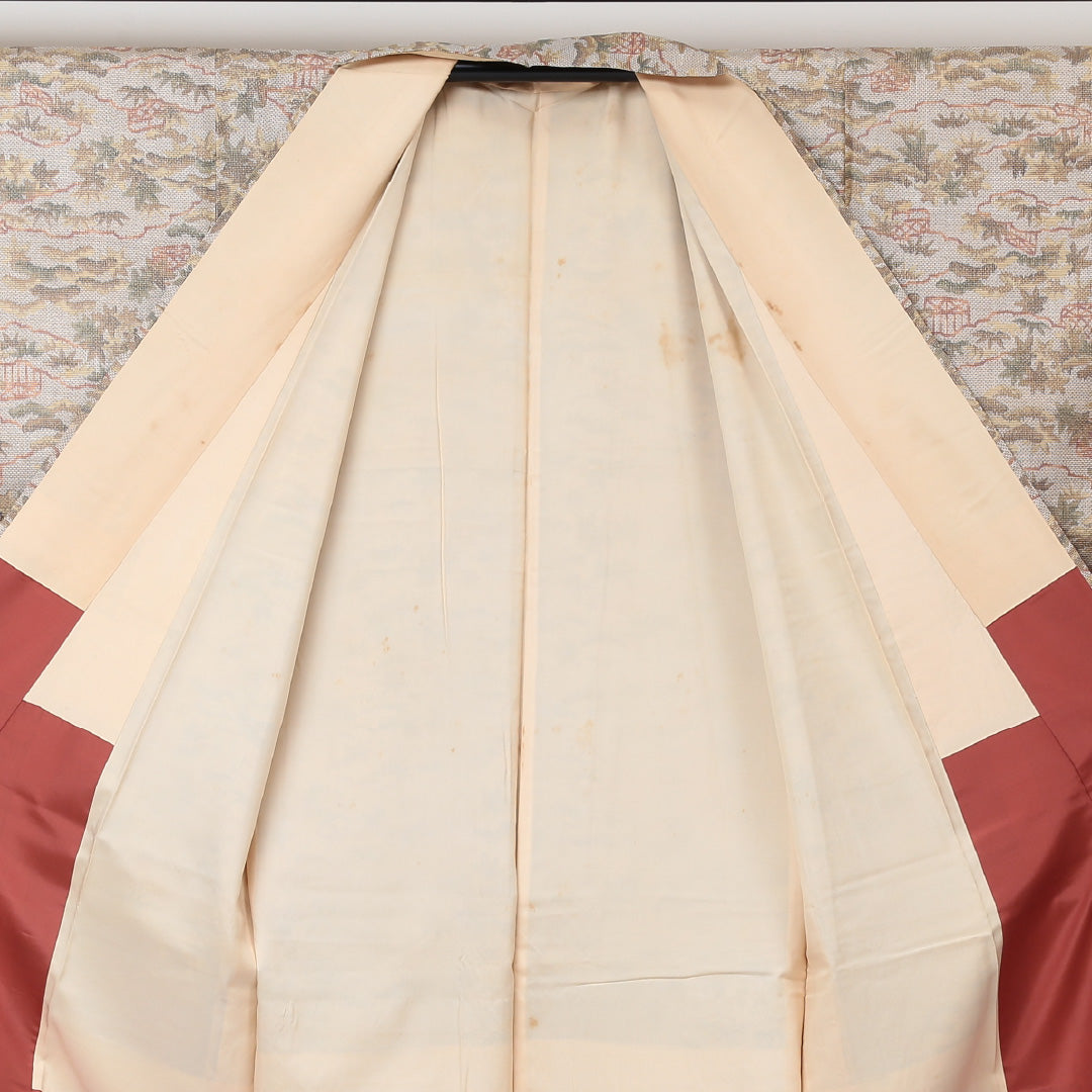 紬 袷 身丈160cm 裄丈64cm 正絹 Aランク カジュアル 広衿 Lサイズ 古典柄 クリーム系 RP 1223-03003