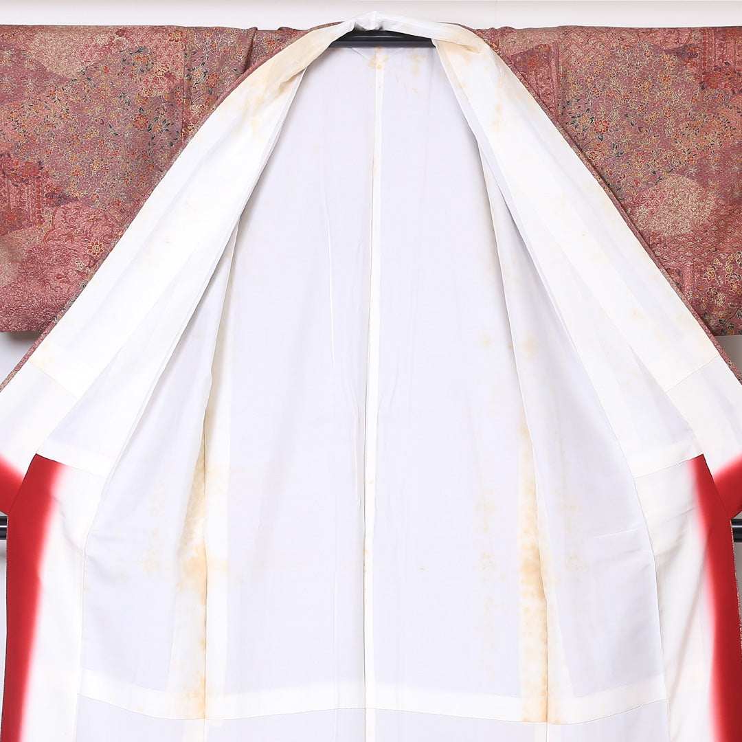 小紋 (錦紗) 袷 身丈165cm 裄丈66cm 正絹 Aランク 広衿 XLサイズ 更紗 茶系 SR 1221-01910
