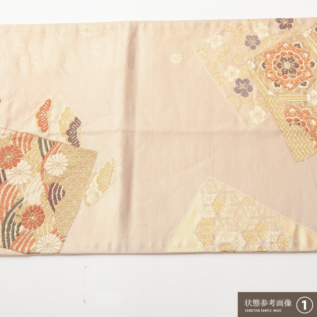 袋帯 帯丈422cm 正絹 全通 フォーマル 本金二重箔 色紙重ね ベージュ系 1243-01470