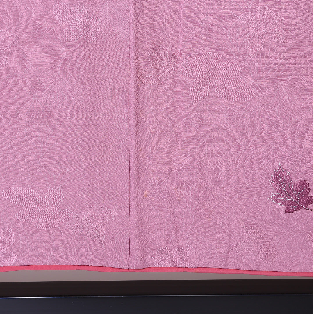 小紋 袷 身丈149cm 裄62cm ピンク系 葉模様 付下げ 正絹 Aランク 1215-01955-3113