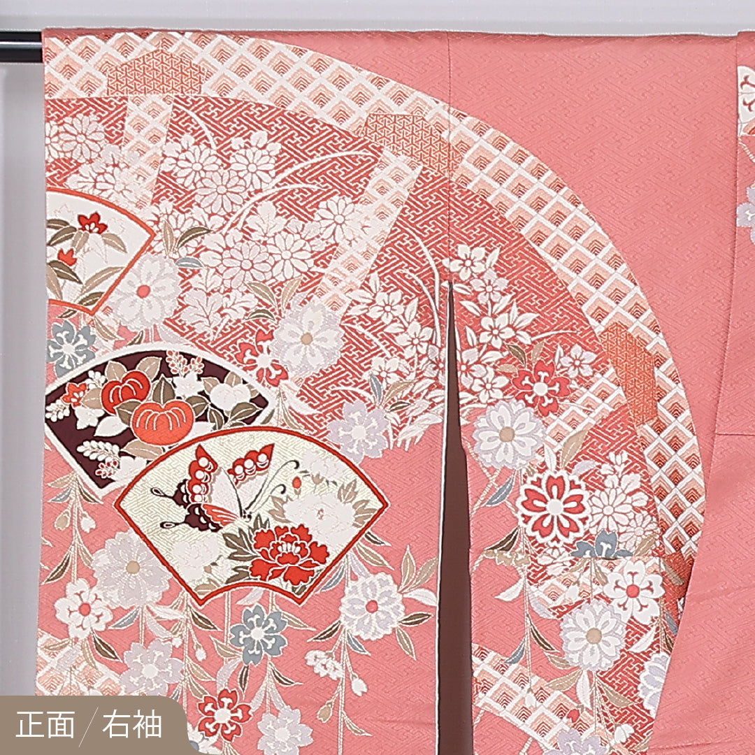 振袖 袷 身丈166cm 裄丈65cm 正絹 Aランク フォーマル 広衿 XLサイズ 蝶 椿 吉祥文様 ピンク系 RP 1215-06757