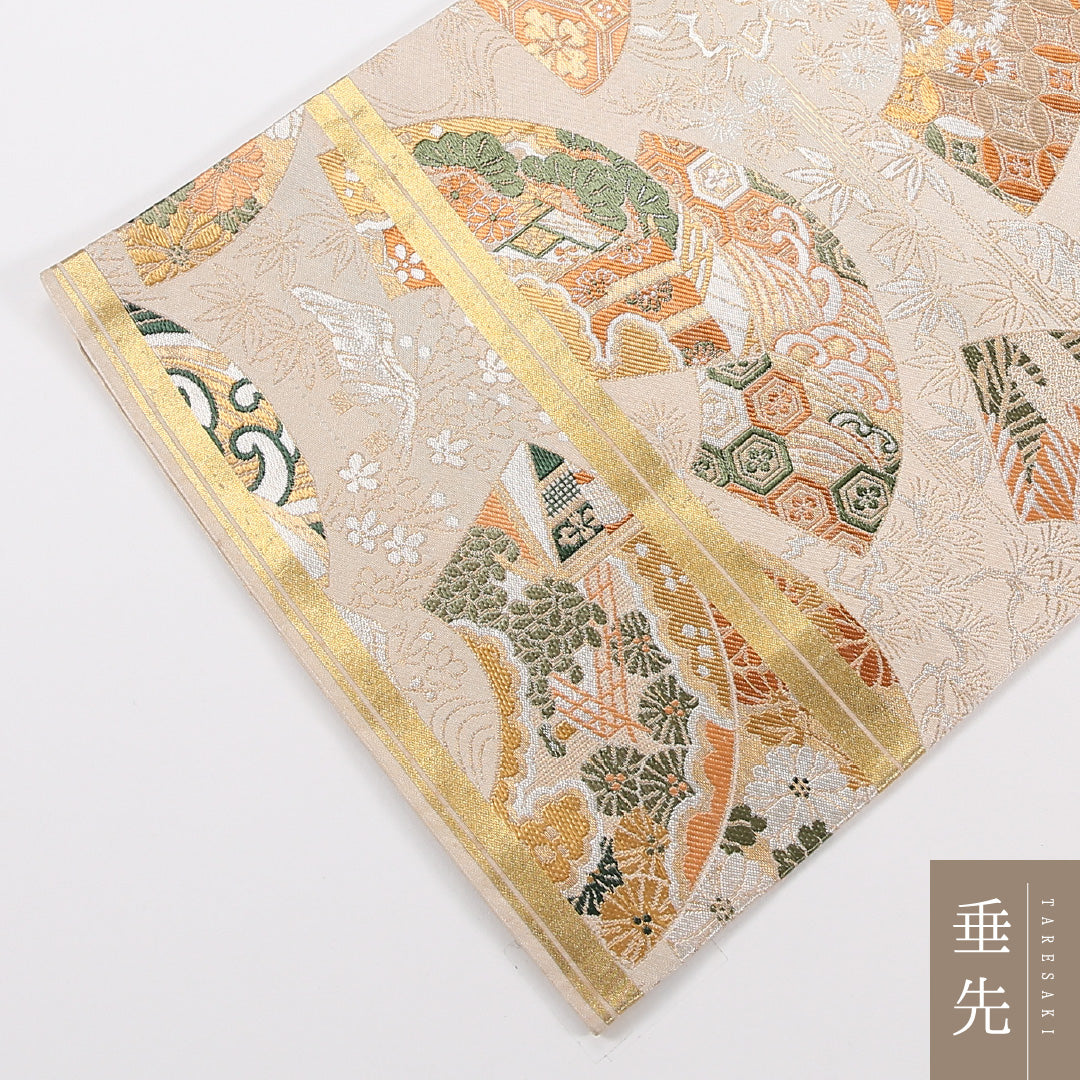 アンティーク 丸帯 帯丈392cm 正絹 全通 扇面文 クリーム系 1242-02562