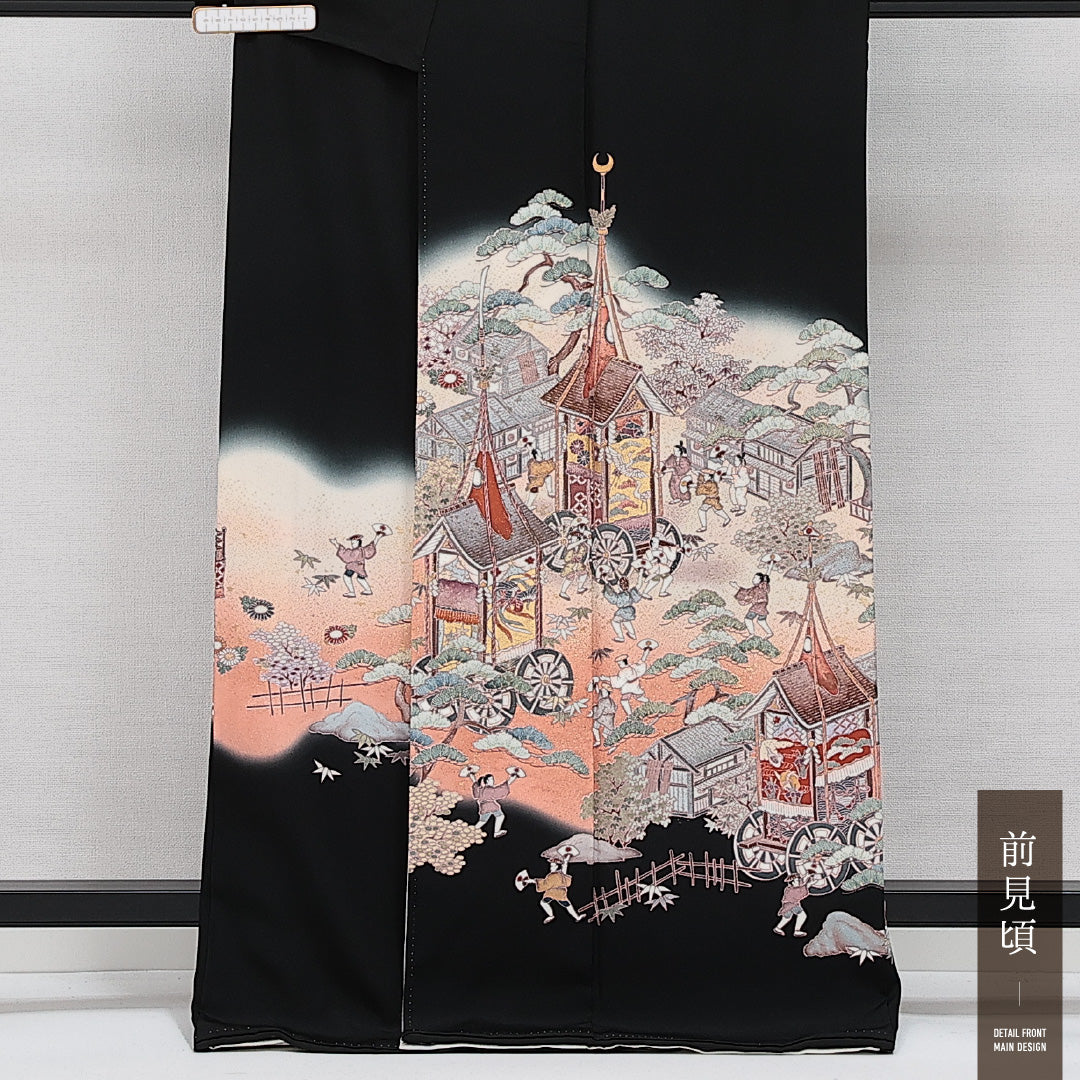 黒留袖 袷 身丈164cm 裄丈65cm 正絹 Sランク 五つ紋 (三つ追い茗荷) フォーマル 広衿 Lサイズ 比翼 京洛百景 黒系 RP 1213-06882
