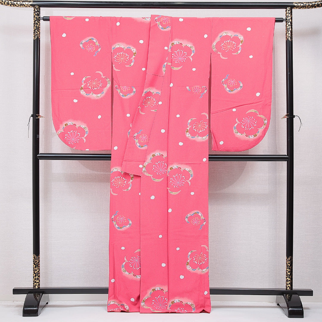 小振袖 袷 身丈163cm 裄丈65cm 正絹 Cランク セミフォーマル 広衿 Lサイズ 梅 ピンク系 LP 1216-07032