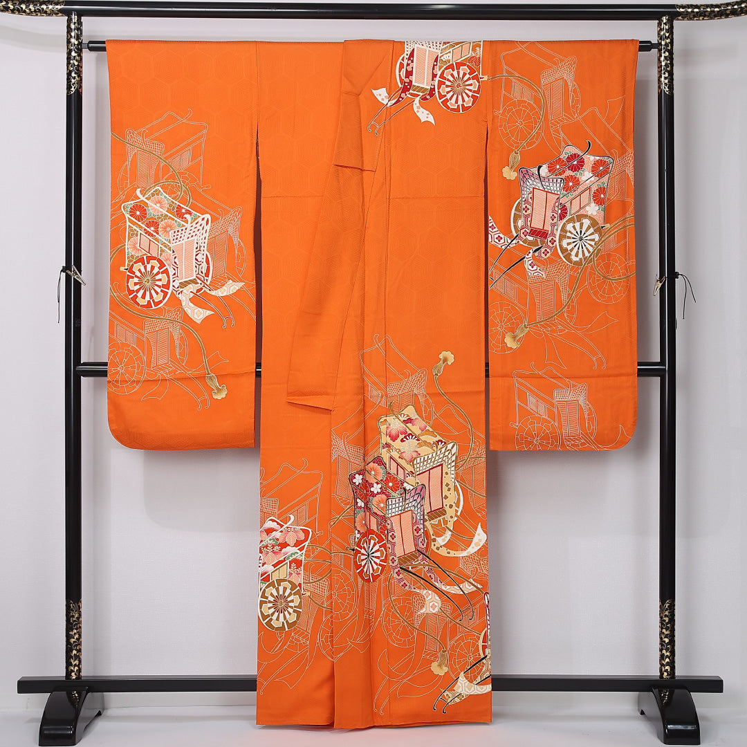 振袖 袷 身丈161cm 裄丈66cm 正絹 Sランク フォーマル 広衿 Lサイズ 御所車 朱系 RP 1215-06764