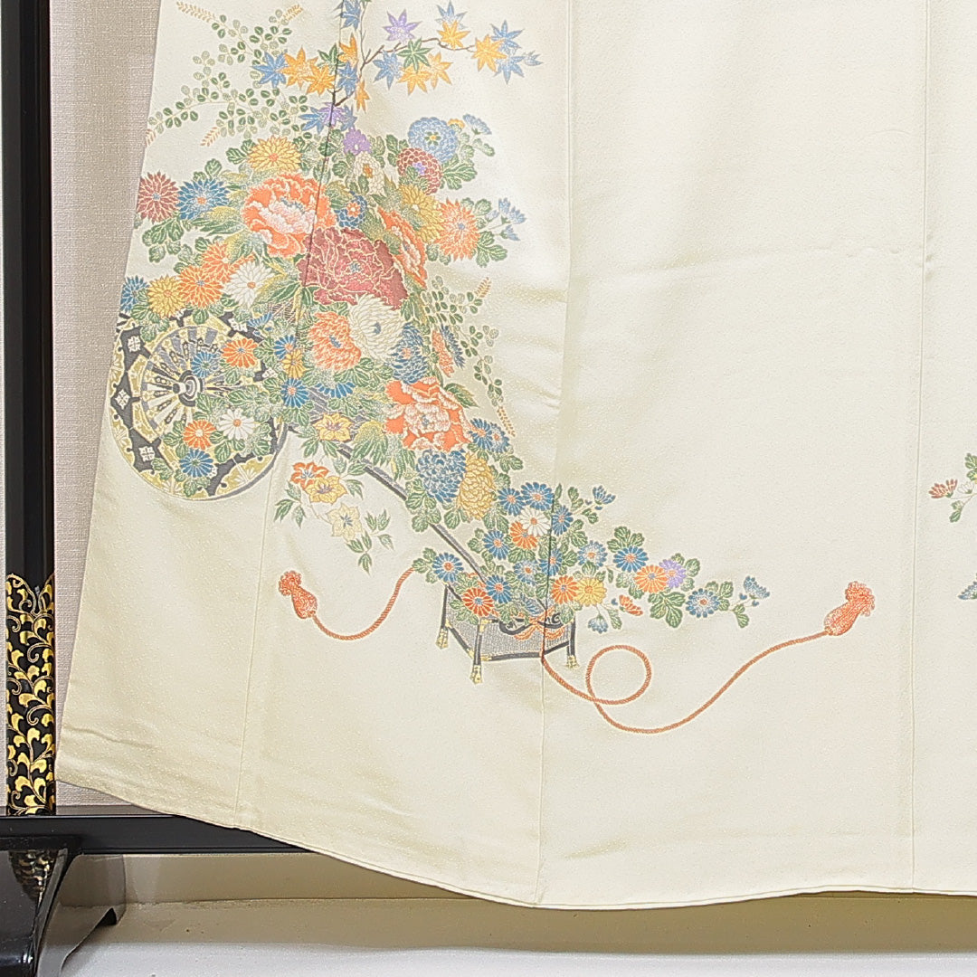 色留袖 袷 身丈159cm 裄丈65cm 正絹 Cランク セミフォーマル 広衿 Mサイズ 牡丹 黄系 LP 1214-06910