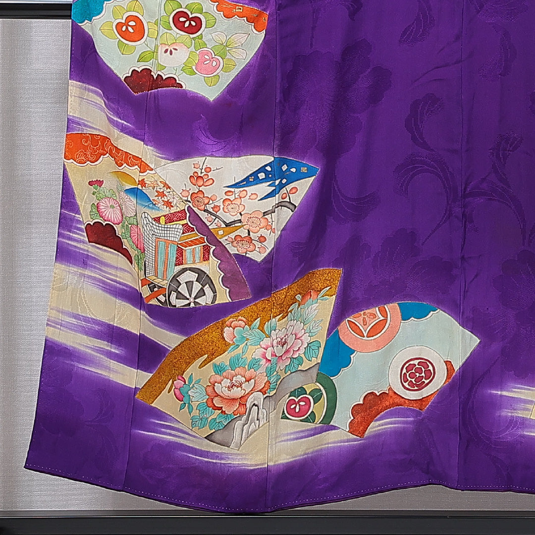 アンティーク 小振袖 (錦紗) 袷 身丈153cm 裄丈62cm 正絹 Dランク 広衿 Sサイズ 扇面文 紫系 M4 1216-07101